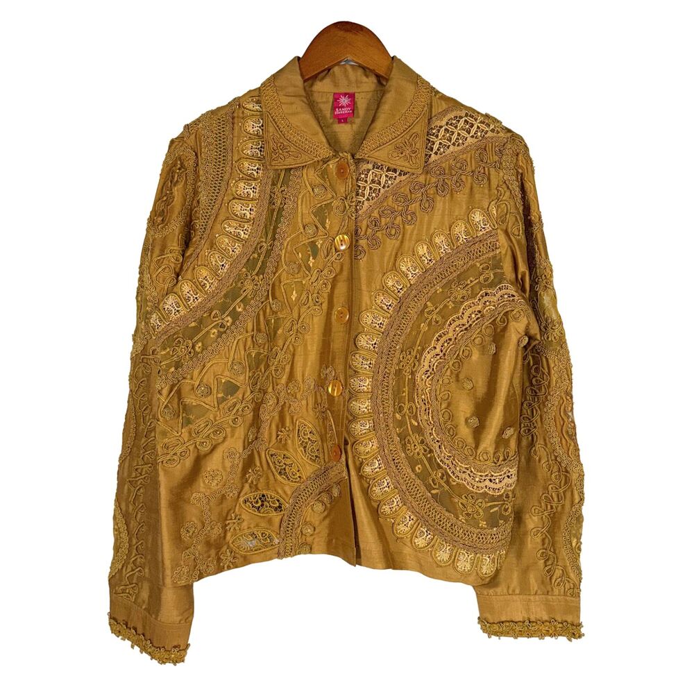 Sandy Starkman Silk Embroidered Shirt Jacket Gold Boho Festival Artwear Large